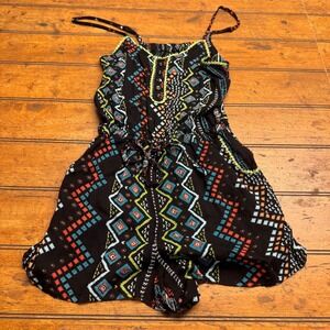 Fan Flirt Black Geometric Print Romper Shorts Strappy Summer Women's S‎